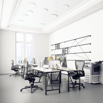 Modern office interior with white walls, concrete floor, white computer tables and black chairs. 3d rendering mock up