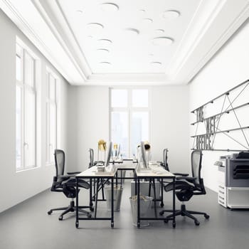 Modern office interior with white walls, concrete floor, white computer tables and black chairs. 3d rendering mock up