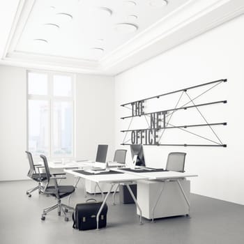 Modern office interior with white walls, concrete floor, white computer tables and black chairs. 3d rendering mock up