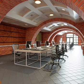 Interior of a modern office with brick walls and floor. 3d rendering