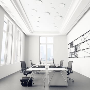 Modern office interior with white walls, concrete floor, white computer tables and black chairs. 3d rendering mock up