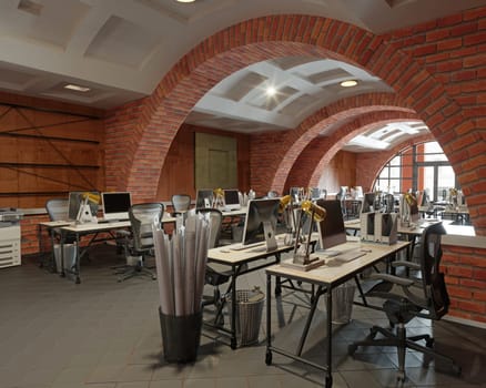 Interior of a modern office with brick walls and floor. 3d rendering