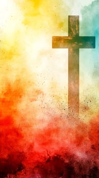 Rustic cross against a vibrant watercolor backdrop, embodying spiritual peace and diversity, vertical