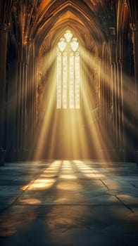 Sunlight streams through a church's stained glass window, casting a divine glow across the stone floor, vertical