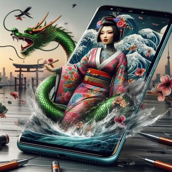 traditional asian woman wear kimono silky dress dance with dragon in chinese new year, background shanghai city skyline come out of phone screen on a desk