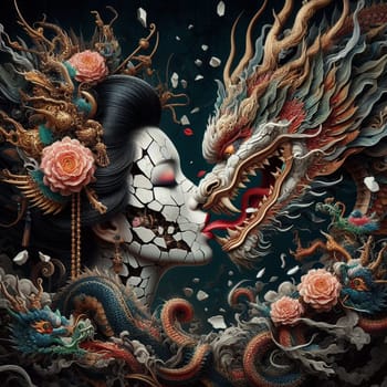 A tatooed woman geisha confronting a fierce male golden dragon snake, surreal art for chinese new year celebration, valentines or muertos halloween darl fantasy sceneAI generated