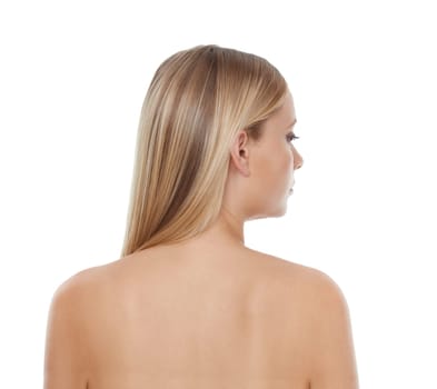 Back woman and cosmetics in studio for hair care with keratin treatment, shampoo shine and mock up. Model, person and soft hairstyle, texture and cosmetology with skincare on white background.