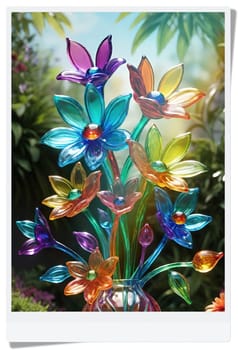 Colorful flowers in vase on a light background. 3D illustration.Glass ornaments.Colorful abstract background with flower.Colorful glass flower on a multicolored background.