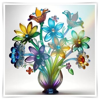 Colorful flowers in vase on a light background. 3D illustration.Glass ornaments.Colorful abstract background with flower.Colorful glass flower on a multicolored background.