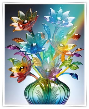 Colorful flowers in vase on a light background. 3D illustration.Glass ornaments.Colorful abstract background with flower.Colorful glass flower on a multicolored background.