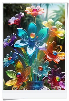 Colorful flowers in vase on a light background. 3D illustration.Glass ornaments.Colorful abstract background with flower.Colorful glass flower on a multicolored background.