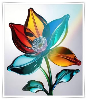 Colorful flowers in vase on a light background. 3D illustration.Glass ornaments.Colorful abstract background with flower.Colorful glass flower on a multicolored background.