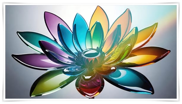 Colorful flowers in vase on a light background. 3D illustration.Glass ornaments.Colorful abstract background with flower.Colorful glass flower on a multicolored background.