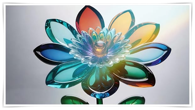 Colorful flowers in vase on a light background. 3D illustration.Glass ornaments.Colorful abstract background with flower.Colorful glass flower on a multicolored background.