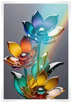 Colorful flowers in vase on a light background. 3D illustration.Glass ornaments.Colorful abstract background with flower.Colorful glass flower on a multicolored background.