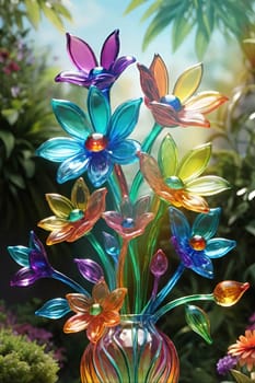 Colorful flowers in vase on a light background. 3D illustration.Glass ornaments.Colorful abstract background with flower.Colorful glass flower on a multicolored background.