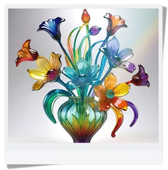 Colorful flowers in vase on a light background. 3D illustration.Glass ornaments.Colorful abstract background with flower.Colorful glass flower on a multicolored background.