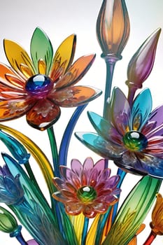 Colorful flowers in vase on a light background. 3D illustration.Glass ornaments.Colorful abstract background with flower.Colorful glass flower on a multicolored background.