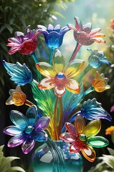 Colorful flowers in vase on a light background. 3D illustration.Glass ornaments.Colorful abstract background with flower.Colorful glass flower on a multicolored background.