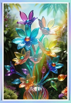 Colorful flowers in vase on a light background. 3D illustration.Glass ornaments.Colorful abstract background with flower.Colorful glass flower on a multicolored background.