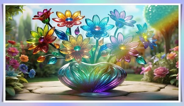 Colorful flowers in vase on a light background. 3D illustration.Glass ornaments.Colorful abstract background with flower.Colorful glass flower on a multicolored background.