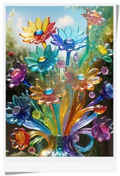 Colorful flowers in vase on a light background. 3D illustration.Glass ornaments.Colorful abstract background with flower.Colorful glass flower on a multicolored background.