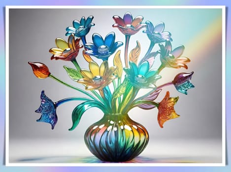 Colorful flowers in vase on a light background. 3D illustration.Glass ornaments.Colorful abstract background with flower.Colorful glass flower on a multicolored background.