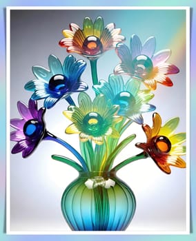 Colorful flowers in vase on a light background. 3D illustration.Glass ornaments.Colorful abstract background with flower.Colorful glass flower on a multicolored background.