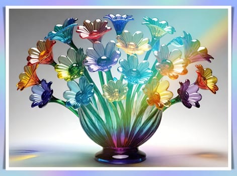 Colorful flowers in vase on a light background. 3D illustration.Glass ornaments.Colorful abstract background with flower.Colorful glass flower on a multicolored background.