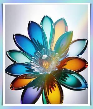 Colorful flowers in vase on a light background. 3D illustration.Glass ornaments.Colorful abstract background with flower.Colorful glass flower on a multicolored background.