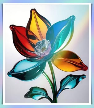 Colorful flowers in vase on a light background. 3D illustration.Glass ornaments.Colorful abstract background with flower.Colorful glass flower on a multicolored background.