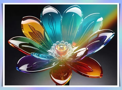 Colorful flowers in vase on a light background. 3D illustration.Glass ornaments.Colorful abstract background with flower.Colorful glass flower on a multicolored background.