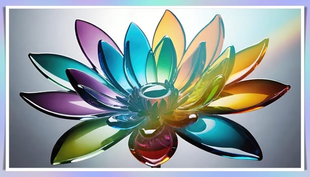 Colorful flowers in vase on a light background. 3D illustration.Glass ornaments.Colorful abstract background with flower.Colorful glass flower on a multicolored background.