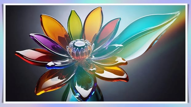 Colorful flowers in vase on a light background. 3D illustration.Glass ornaments.Colorful abstract background with flower.Colorful glass flower on a multicolored background.