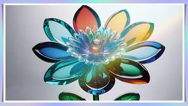 Colorful flowers in vase on a light background. 3D illustration.Glass ornaments.Colorful abstract background with flower.Colorful glass flower on a multicolored background.