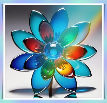 Colorful flowers in vase on a light background. 3D illustration.Glass ornaments.Colorful abstract background with flower.Colorful glass flower on a multicolored background.