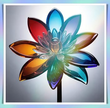 Colorful flowers in vase on a light background. 3D illustration.Glass ornaments.Colorful abstract background with flower.Colorful glass flower on a multicolored background.