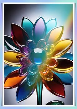 Colorful flowers in vase on a light background. 3D illustration.Glass ornaments.Colorful abstract background with flower.Colorful glass flower on a multicolored background.