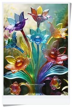 Colorful flowers in vase on a light background. 3D illustration.Glass ornaments.Colorful abstract background with flower.Colorful glass flower on a multicolored background.