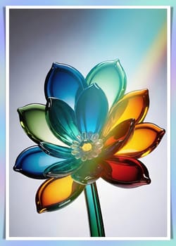 Colorful flowers in vase on a light background. 3D illustration.Glass ornaments.Colorful abstract background with flower.Colorful glass flower on a multicolored background.