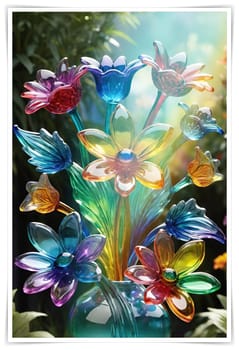 Colorful flowers in vase on a light background. 3D illustration.Glass ornaments.Colorful abstract background with flower.Colorful glass flower on a multicolored background.