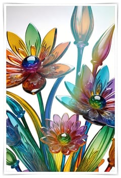 Colorful flowers in vase on a light background. 3D illustration.Glass ornaments.Colorful abstract background with flower.Colorful glass flower on a multicolored background.