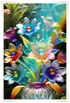 Colorful flowers in vase on a light background. 3D illustration.Glass ornaments.Colorful abstract background with flower.Colorful glass flower on a multicolored background.