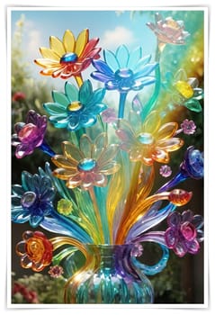 Colorful flowers in vase on a light background. 3D illustration.Glass ornaments.Colorful abstract background with flower.Colorful glass flower on a multicolored background.