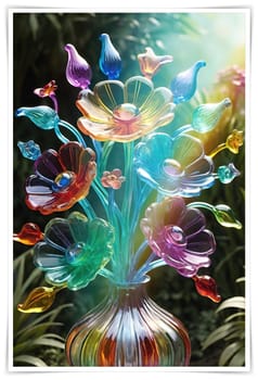 Colorful flowers in vase on a light background. 3D illustration.Glass ornaments.Colorful abstract background with flower.Colorful glass flower on a multicolored background.