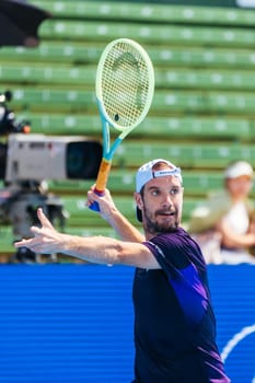 MELBOURNE, AUSTRALIA - JANUARY 12: Richard Gasquet of France plays Marc Polmans of Australia during day three of the 2024 Kooyong Classic at Kooyong on January 12, 2024 in Melbourne, Australia.