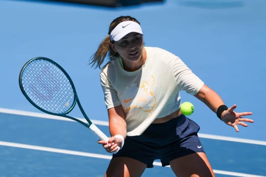 MELBOURNE, AUSTRALIA - JANUARY 12: Paula Badosa of Spain practices with Aryna Sabalenka of Belarus ahead of the 2024 Australian Open at Melbourne Park on January 12, 2024 in Melbourne, Australia.