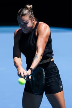MELBOURNE, AUSTRALIA - JANUARY 12: Aryna Sabalenka of Belarus practices with Paula Badosa of Spain ahead of the 2024 Australian Open at Melbourne Park on January 12, 2024 in Melbourne, Australia.