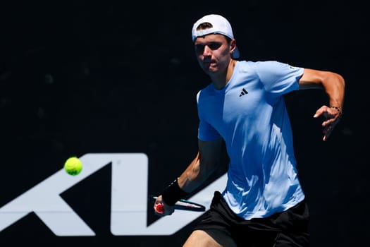 MELBOURNE, AUSTRALIA - JANUARY 12: Jakub Mensik of Czech Republic beats Harold Mayot of France in final round of qualifying ahead of the 2024 Australian Open at Melbourne Park on January 12, 2024 in Melbourne, Australia.