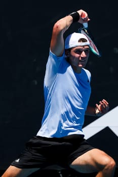 MELBOURNE, AUSTRALIA - JANUARY 12: Jakub Mensik of Czech Republic beats Harold Mayot of France in final round of qualifying ahead of the 2024 Australian Open at Melbourne Park on January 12, 2024 in Melbourne, Australia.
